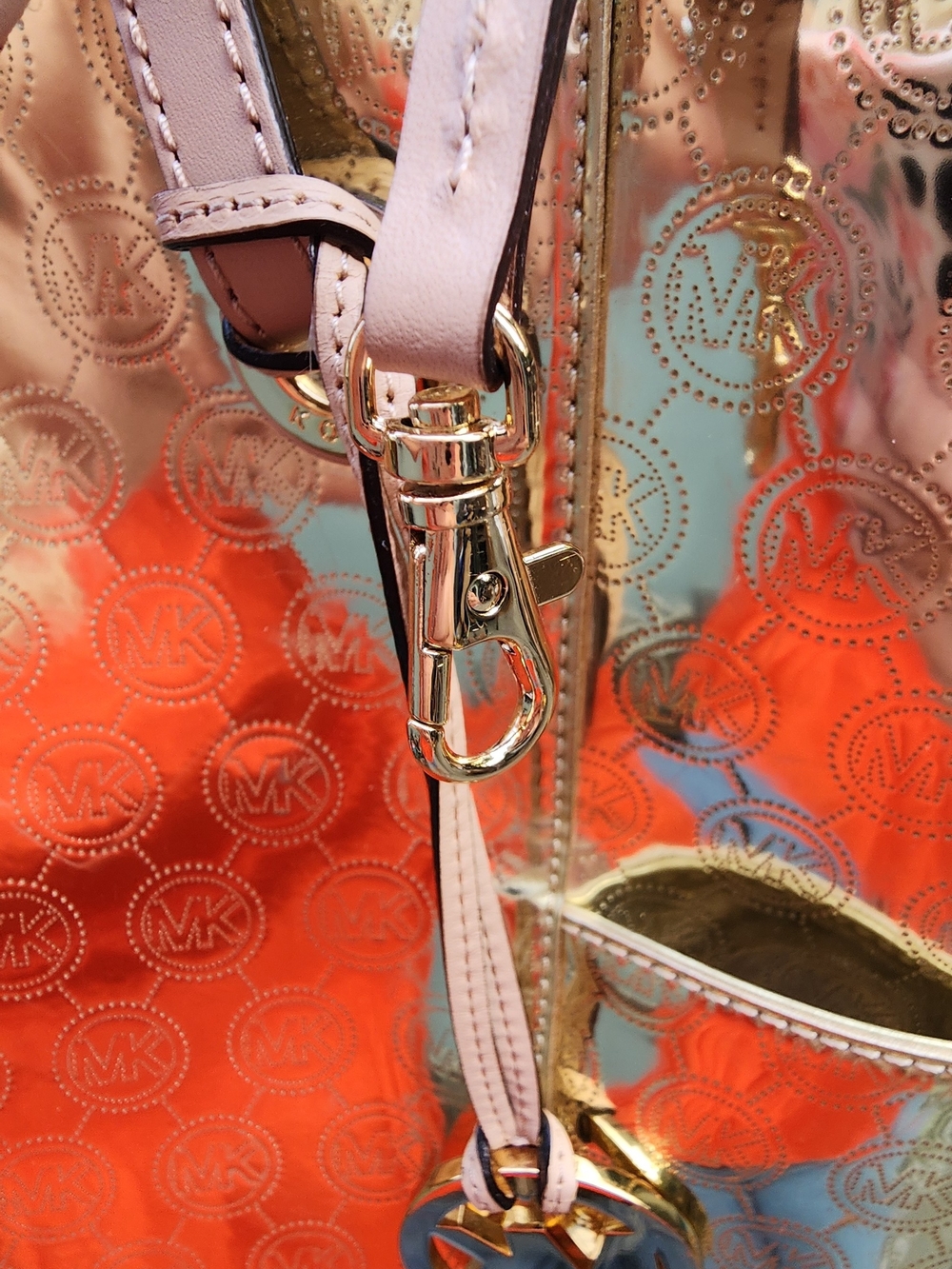 Michael Kors Gold Logo-Print Tote with Blush Handles and Fob - Picture 3 of 13